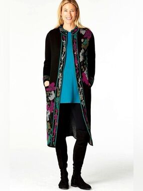 J. Jill Floral Print Black Long Knit Cardigan Duster Sweater S